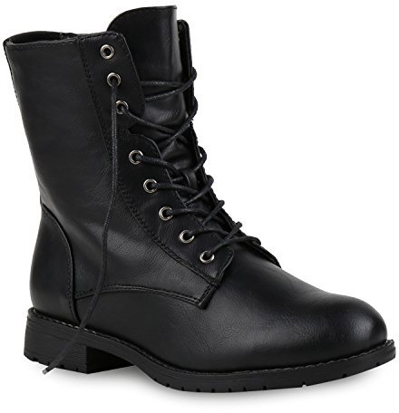 Damen Schnürstiefeletten Boots Camouflage Stiefeletten Leder-Optik Schnür Übergrößen Schuhe 121963 Schwarz Camargo 41 Flandell