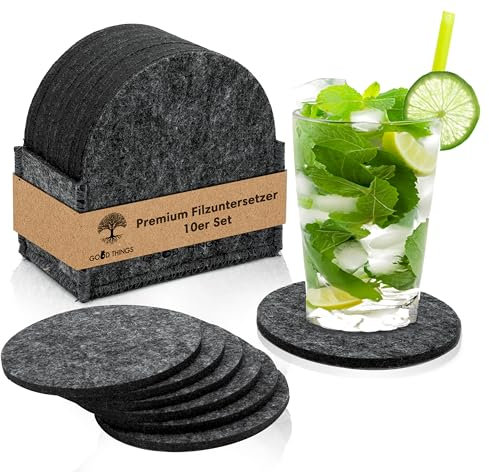 GOOD THINGS - FiLZi Premium Filz-Untersetzer für Gläser - 10er Untersetzer Set inkl. Filzaufbewahrung - Glasuntersetzer für Getränke - Getränkeuntersetzer Rund (Dunkelgrau)