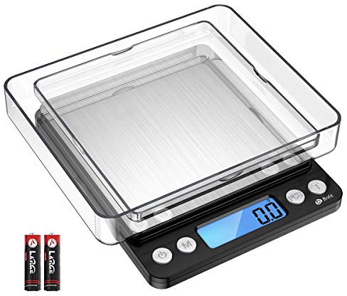AMIR Digitale Küchenwaage 3kg, Electronische Waage, Hohe Präzision auf bis zu 0,1g, Briefwaage mit Tara-Funktion, Stückzählung Funktion, LCD-Display, Großer Edelstahl Wiegefläche, Inkl Batterien