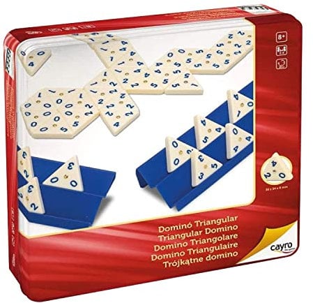 Cayro – Dominosteine – ab 8 Jahren – dreieckiges Modell – Lernbrettspiel für Kinder und Erwachsene – 1 Metallbox, 56 Teile und 4 Stützen – 2 bis 4 Spieler