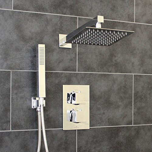 ECOSPA Concealed Twin Thermostatic Shower Mixer Valve in Chrome 2 Outlets, 2 Square Handles, Thin Square Overhead Drencher, Handset Kit, Anti-Scalding Safety Feature