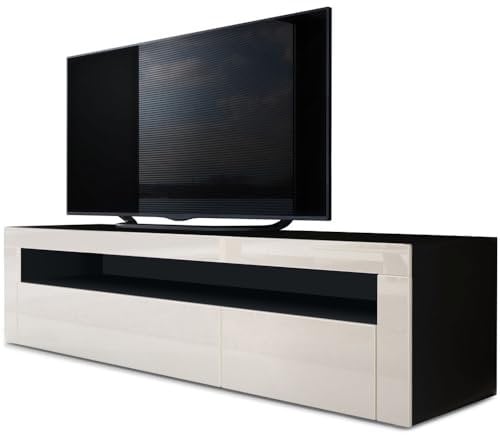 Vladon Lowboard Valencia, Made in Germany, TV-Kommode mit 1 offenem Fach und 2 Klappen, Schwarz matt/Creme Hochglanz/Creme Hochglanz (155 x 46 x 40 cm)