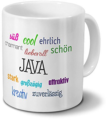 Tasse mit Namen Java - Motiv Positive Eigenschaften - Namenstasse, Kaffeebecher, Mug, Becher, Kaffeetasse - Farbe Weiß