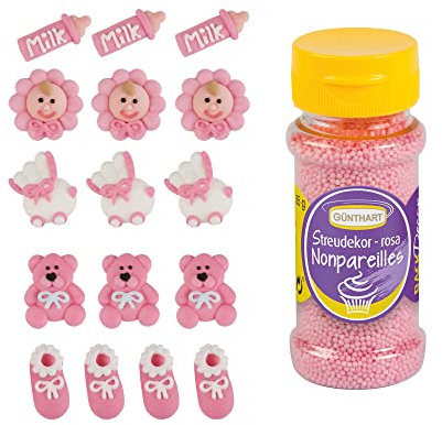 Günthart 16 Zuckerfiguren für Taufe & Baby Shower mit ROSA Streudekor