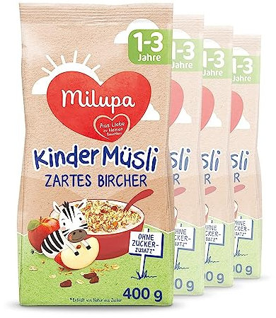 Milupa Kindermüsli Zartes Bircher – Getreide Frühstück Müsli von 1 bis 3 Jahre, Ohne Zuckerzusatz, Babynahrung, 4 x 400g