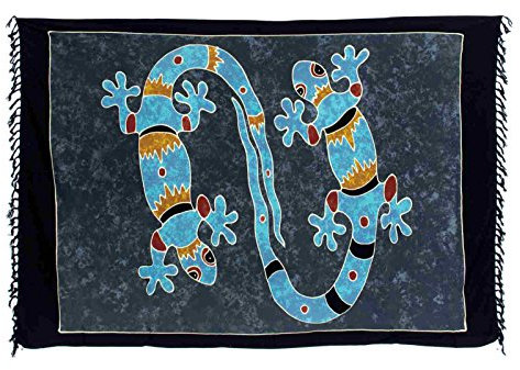 Ciffre Sarong Pareo Wickelrock Dhoti Lunghi Tuch Strandtuch Grau Türkis Bunt Gecko Schal