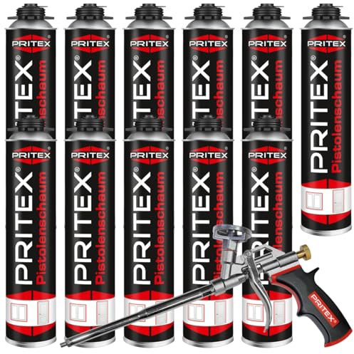PRITEX – Bauschaum Set aus 11 x 750 ml Pistolenschaum inkl. Schaumpistole – Montageschaum zum Verfüllen, Dämmen & Abdichten – PU-Schaum mit hervorragender Schall- & Wärmedämmung – Bauschaum