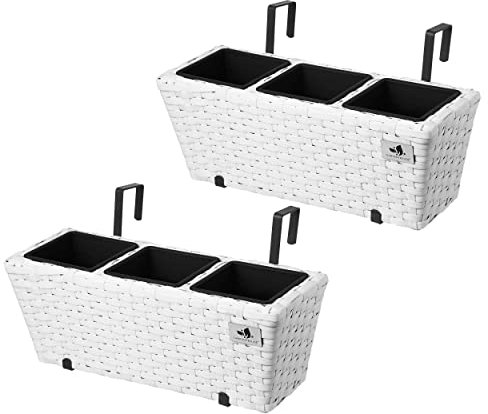 Jardinera para balcón de polyrattan Incluye suspensión y 3 Insertos plásticos, Blanco, 2 Piezas, 47 x 17 x 15 cm