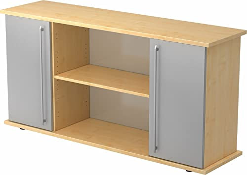 bümö® Büro Sideboard | Aktenregal mit Stauraum für Ordner, Bücher und Material | Büromöbel | in 14 Dekoren (Ahorn/Silber)