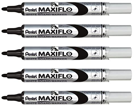 Pentel 5 Stück MWL5S Maxiflo Marker für Whiteboard, schwarz