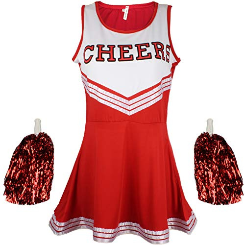 Cherry-on-Top Cheerleader Fancy Dress Outfit Uniform High School Cheerleader Costume Women with Pom Poms Red Cheerleader, Ladies