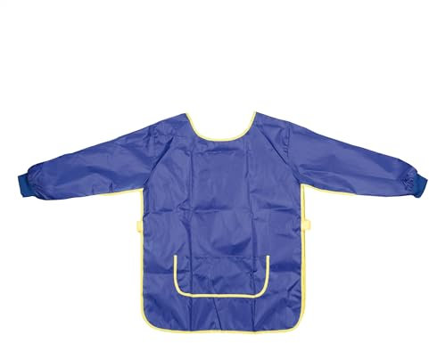 Idena - Bastelschürze für Kinder, Größe M von 7-8 Jahren, Malkittel in Blau mit langen Ärmeln, wasserabweisend, Kinderschürze mit Gummibund und Klettverschluss