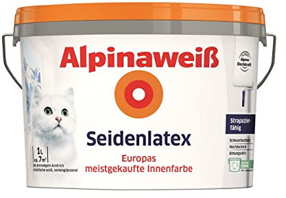 Alpinaweiß Seidenlatex in weißer Seidenglanz-Optik – strapazierfähige und atmungsaktive Wandfarbe – ergiebig, gut deckend & reinigungsfähig – 1 Liter