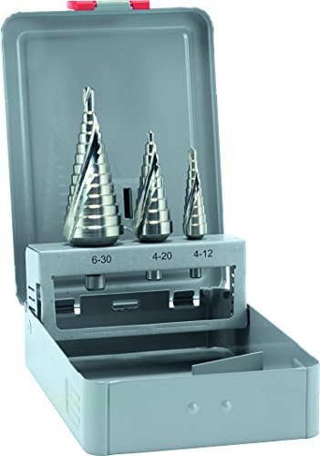 Bohrer / HSS Cobalt Stufenbohrersatz, 3-teilig | zum Bohren zylindrischer Löcher in Material bis 4 bzw. 6 mm Stärke, standfest und präzise | Oberfläche: blank / TiN, Größe: 1 / 2 / 3, Ø 4 – 30 mm