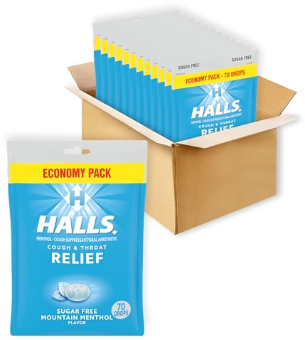HALLS Relief Mountain Menthol Sugar Free Cough Drops, Economy Pack, 12 Bags of 70 Drops (840 Total Drops)
