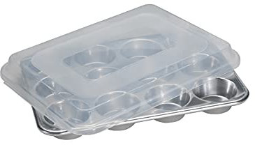 Nordic Ware Naturals 12 Cavity Muffin Pan with Lid, Cupcake Tray with Superior Heat Conductivity, Premium Bakeware for Evenly Browned Treats, Made in the USA, Silver