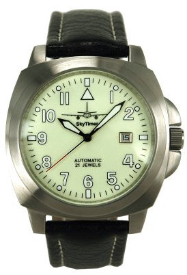 SkyTimer 507545031 Fliegeruhr - Automatik Miyota 8215, Edelstahlgehäuse 43 x 43 mm, Glasboden, 5 ATM wasserdicht, Lederband