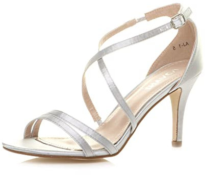 Ajvani Womens Ladies mid high Heel Strappy Crossover Wedding Sandals Shoes, 5 UK, Silver Satin