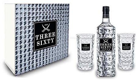 Three Sixty Set Geschenkset - Three Sixty Vodka 1L (37,5% Vol) + 2x Gläser eckig