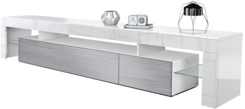 Vladon Lowboard Lima V2, Made in Germany, TV-Kommode mit 2 Klappen, 1 offenem Fach und 2 Glasablagen, Weiß Hochglanz/Avola-Anthrazit (189 x 38 x 35 cm)