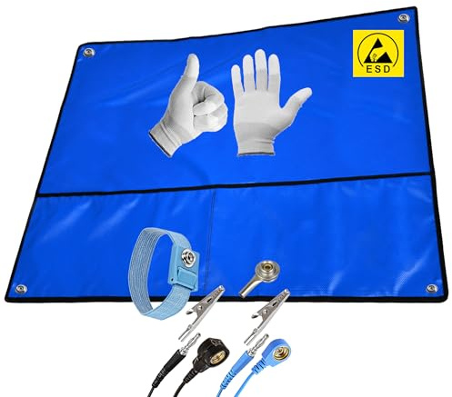Minadax 80×60 cm ESD SET Antistatische Arbeitsmatte Tischmatte Unterlage | Tragbar & Faltbar + Manschette + Erdungskabel + ESD Handschuhe - Schutz vor Entladungsschäden