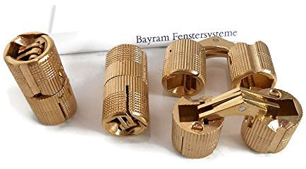 Einbohrband Zysa aus Messing | Zylinderscharnier für Holzdicke 17-22 mm Bayram® | 1 Paar Scharnier mit 180° Öffnungswinkel | unsichtbar verdeckte schanier Möbelband (10mm)