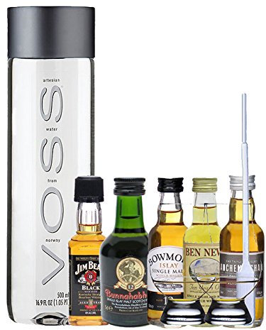 Whisky Probierset Auchentoshan 12 5cl, Ben Nevis 10 5cl, Bowmore 12 5cl, Bunnahabhain 12 5cl, Jim Beam 5cl + 500ml Voss Wasser Still, 2 Glencairn Gläser und eine Einwegpipette