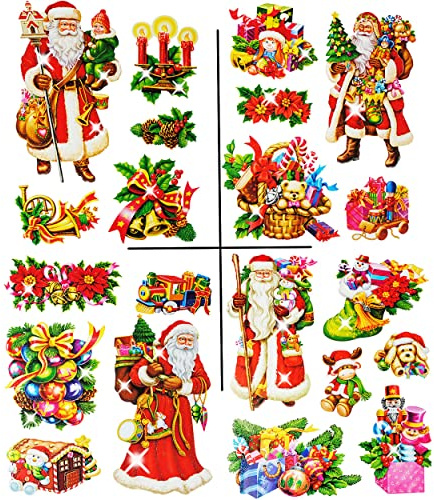 alles-meine.de GmbH 4 versch. Bögen: statisch haftende Fensterbilder - nostalgische Weihnachten mit Glitzer Effekt - Weihnachtsmann/Christbaumkugeln/Nußknacker - wiederve..