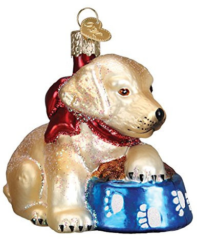 Old World Christmas Christbaumschmuck: Hunde-Kollektion, Glasornamente für Weihnachtsbaum Labrador-Welpe 2x3 Glitzergoldfarben