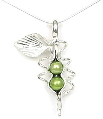 Pea Pod Necklace - 2 Peas Green Freshwater Pearls and Sterling Silver - Gift Boxed with Story Card - Each Unique Handmade in USA (18 Inch Chain Length)