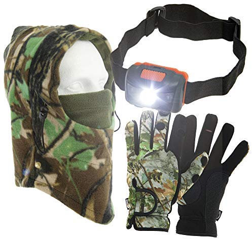 Fishing Gloves - Neoprene, Folding Fingers, LED Head Torch, Camo Snood Hat - Unisex-Adults, Fishing Enthusiasts - Small, Medium, Large, Extra Large
