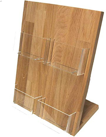 LINLAY Intarsien & Gravuren 4X DIN A6 (Hochformat) Postkarten-Ständer Tischmodell Prospekt-Halter massiv Eiche mit Acryleinsatz
