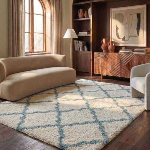 SAFAVIEH Dallas Shag Collection Area Rug - 6' x 9', Ivory & Light Blue, Trellis Design, Non-Shedding & Easy Care, 1.5-inch Thick Ideal for High Traffic Areas in Living Room, Bedroom (SGD257J)