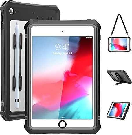 ShellBox Case iPad Mini 4/5 Waterproof Case, Protective Full Body Shockproof Dustproof Cover Case with Adjustable Tablet Stand Built-in Screen Protector for iPad Mini 5/iPad Mini 4 Case(Black)