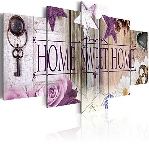 murando - Wandbilder XXL Home Sweet Home 200x100cm 5 tlg - Wand Deko Leinwand Bilder Groß Wanddeko Wohnzimmer Schlafzimmer Kunstdrucke - Haus Blumen Retro Textur Blumen Sterne