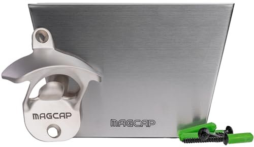 MAGCAP Magnetic Wall Mounted Bar - Style Bottle Opener and Bottle Cap Catcher Set for Beer and Sodas - Stylish, Easy to Install and Effortless to Use - Collects the Caps so You Don't Have to!