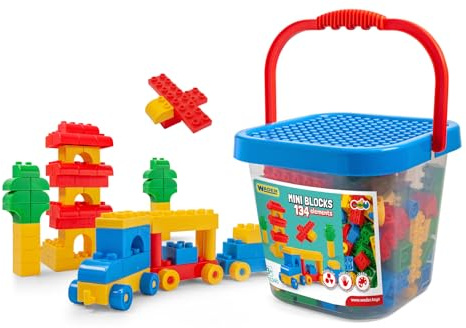 Wader 41340 - Mini Blocks Bausteine im großen Eimer, 134 Bausteinen und Spieldeckel, für Kinder ab 3 Jahren, geeignet als Geschenk für kreatives Spielen