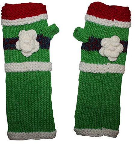 Freak Scene Armstulpen aus Wolle - Strickstulpen - grün mit Blume und Streifen - Pulswärmer mit Fleece