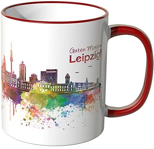 WANDKINGS® Tasse, Schriftzug Guten Morgen Leipzig! mit Skyline - ROT