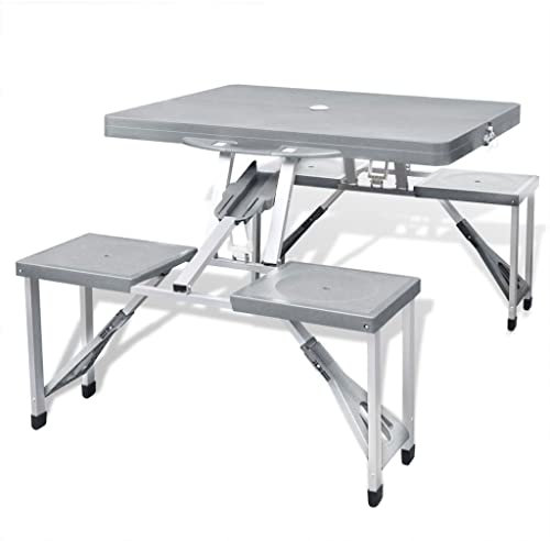 vidaXL Set Mesa Plegable de Camping y 4 Taburetes, Mesita y Sillas, Mesa de Picnic, Muebles para Jardín Patio Cocina, Aluminio Gris Claro