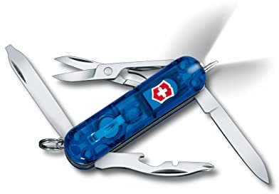 Victorinox Midnite Manager Swiss Army Knife, Small, Multi Tool, 10 Functions, LED, Scissors, Blue Transparent