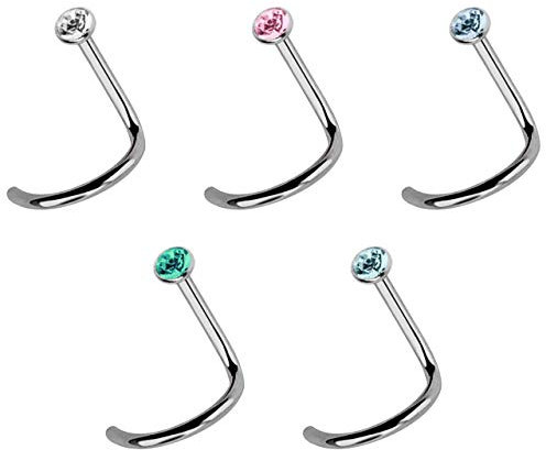 Titan Nasenpiercing Set, 5 Nasenstecker mit Spirale, Stab 1,0 mm x 6 mm