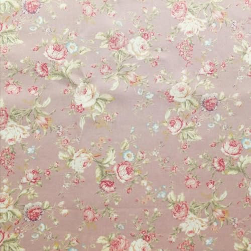 Stoff mit Blumenmuster, Baumwoll-Popeline, Vintage-Stil, Altrosa mit Grün und Cremefarbe, Meterware