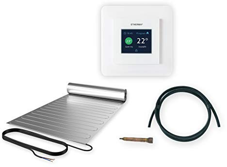 ETHERMA elektrische Fußbodenheizung für Laminat und Parkett, Laminotherm Komplettset , 5 m², 50 x 1000 cm, 600 W inklusive Fußbodenregler eTOUCH eco und Montageset, SET-LMSU5-1000