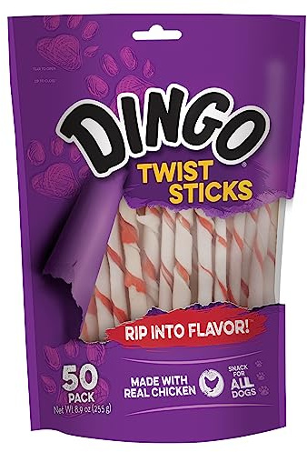 Dingo Twist Sticks Rawhide for Dogs, Made with Real Chicken, 50 Count