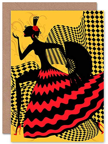 Wee Blue Coo Spanische Flamenco-Tänzerin Rot Schwarz Gelb Modernes Design Weihnachtskarte