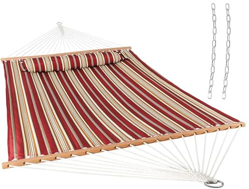 Sunnydaze 2 Person Quilted Fabric Hammock with Spreader Bars and Detachable Pillow Heavy Duty 450 Pound Capacity, Red Stripe