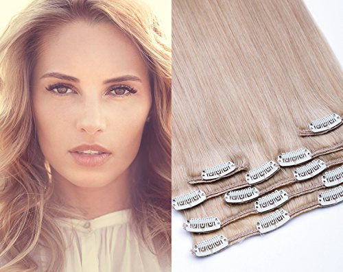 GlamXtensions Echthaar Clip In Extensions Set für komplette Haarverlängerung 100% Echthaar 7 teilig 80gramm hochwertigeres Remy Haar 45 cm Clip-In Hair Extension Nr. 22 Hellblond blond