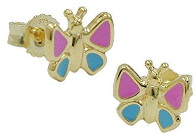 Stecker 7mm Schmetterling pink-hellblau 9Kt GOLD