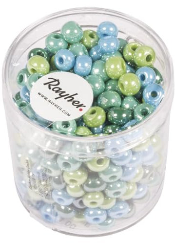 Rayher Assortiment de Perles en verre opaque, bleu-vert-pétrole, 1 pot, 55g, 5,4mm ø, gros trou 1,3mm ø, arts créatifs, décorations, macramé, bijoux-1441400